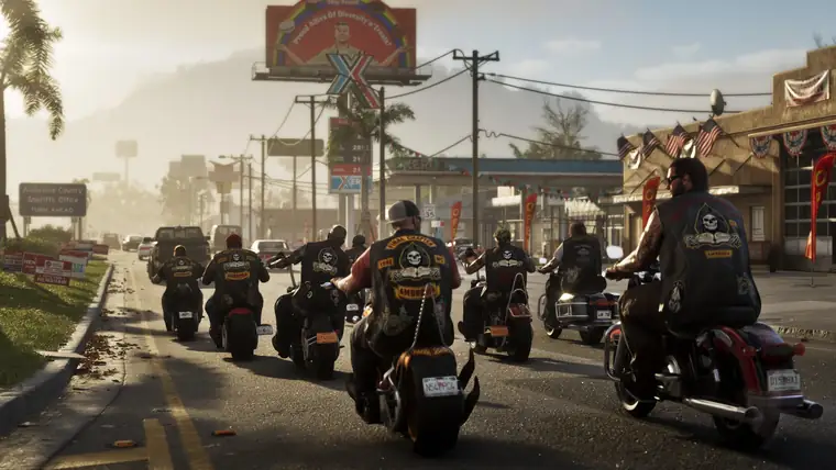A biker gang riding down a main street in Ambrosia