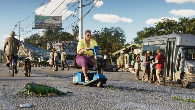A busy Leonida Keys street with an iguana crossing the road