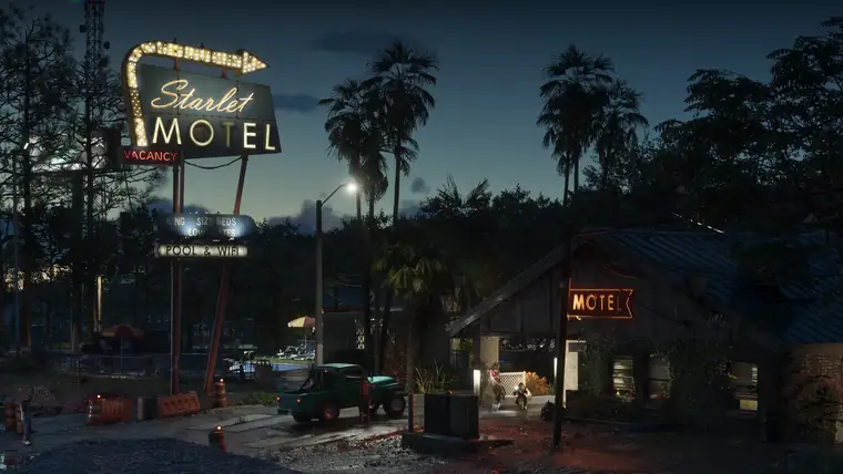 The Starlet Motel sign at night in Port Gellhorn
